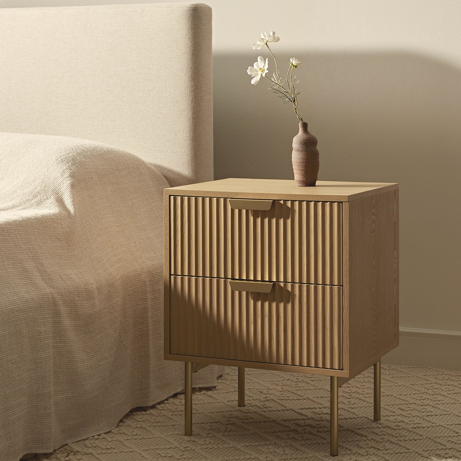 Richmond Ridged 2 Drawer Nightstand, Light Ash