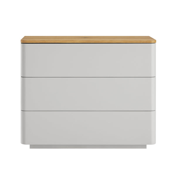 Agnes Curved Edge 3 Drawer Dresser, Dove Gray with Oak Top