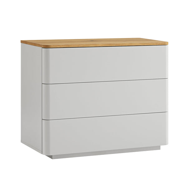 Agnes Curved Edge 3 Drawer Dresser, Dove Gray with Oak Top