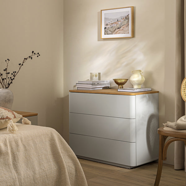 Agnes Curved Edge 3 Drawer Dresser, Dove Gray with Oak Top Agnes Curved Edge 3 Drawer Dresser, Dove Gray with Oak Top