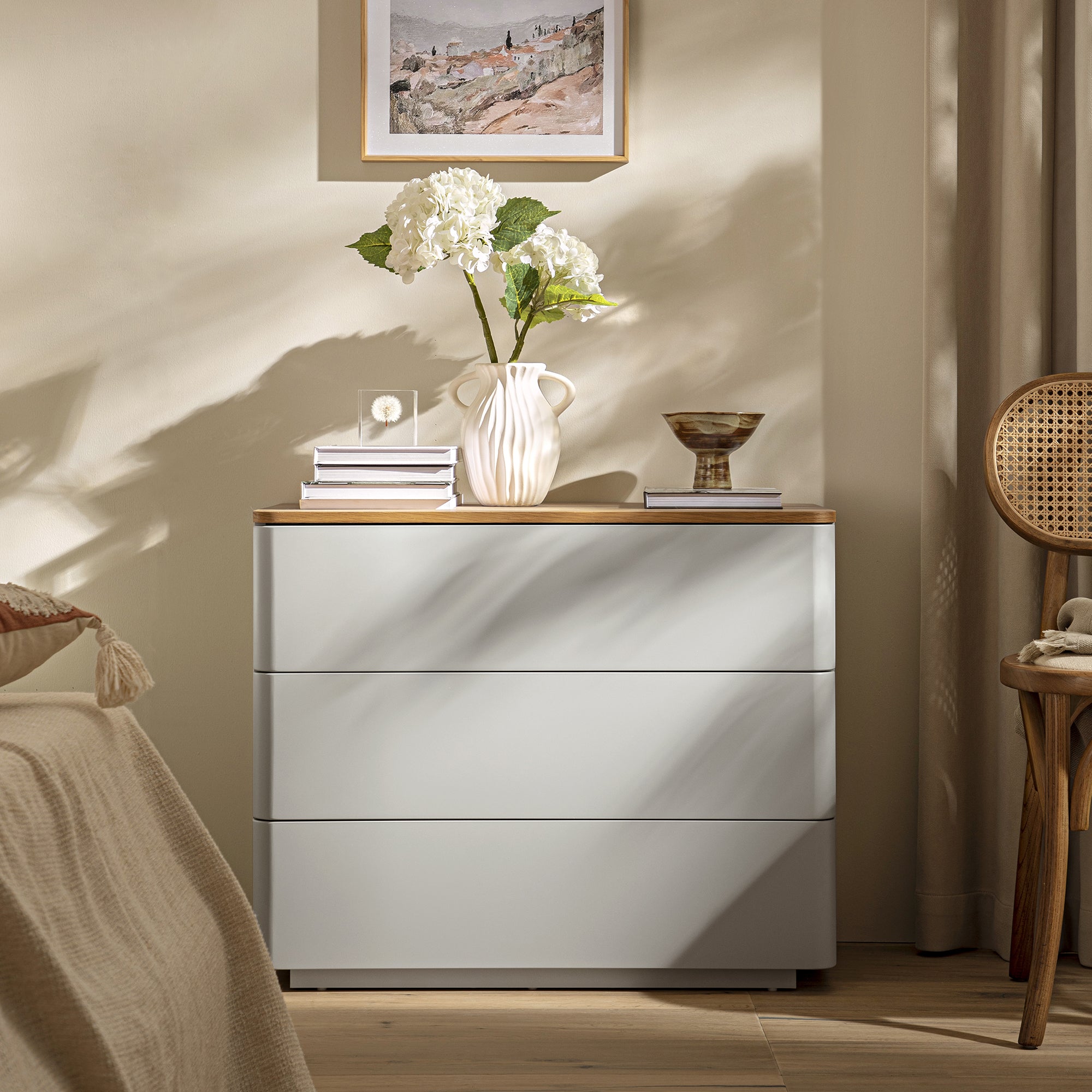 Agnes Curved Edge 3 Drawer Dresser, Dove Gray with Oak Top Agnes Curved Edge 3 Drawer Dresser, Dove Gray with Oak Top