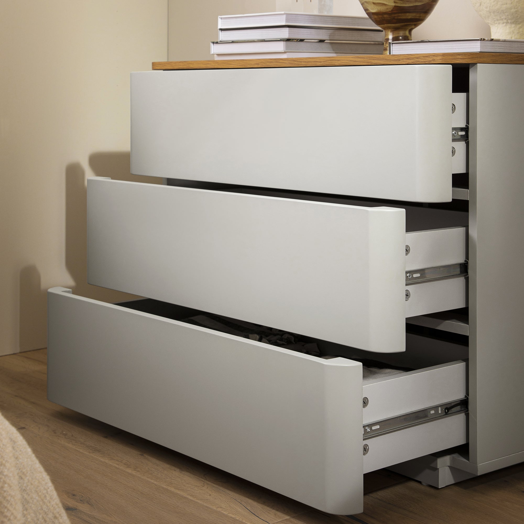 Agnes Curved Edge 3 Drawer Dresser, Dove Gray with Oak Top Agnes Curved Edge 3 Drawer Dresser, Dove Gray with Oak Top