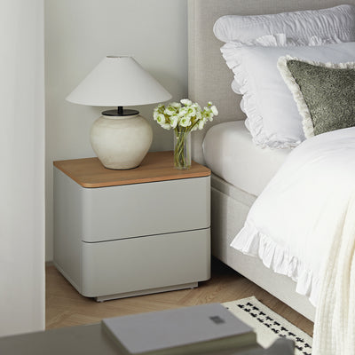 Agnes Curved Edge 2 Drawer Nightstand, Dove Gray with Oak Top