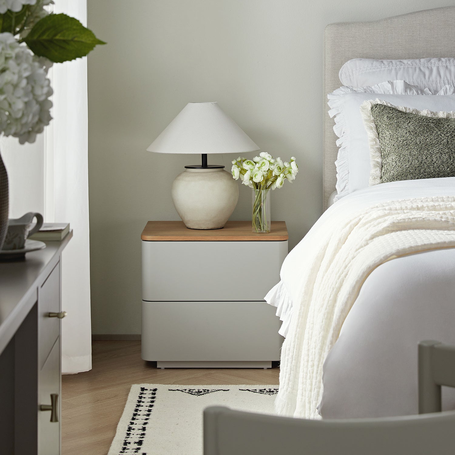 Agnes Curved Edge 2 Drawer Nightstand, Dove Gray with Oak Top