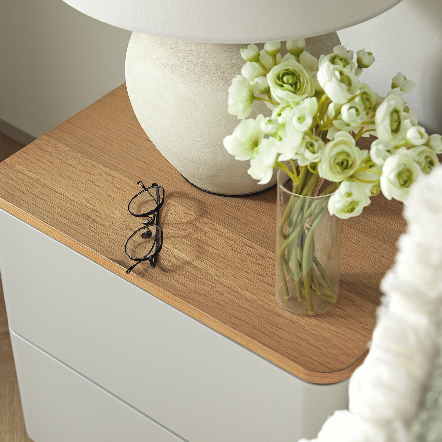 Agnes Curved Edge 2 Drawer Nightstand, Dove Gray with Oak Top