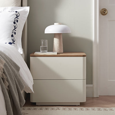 Agnes Curved Edge 2 Drawer Nightstand, Off-White with Oak Top