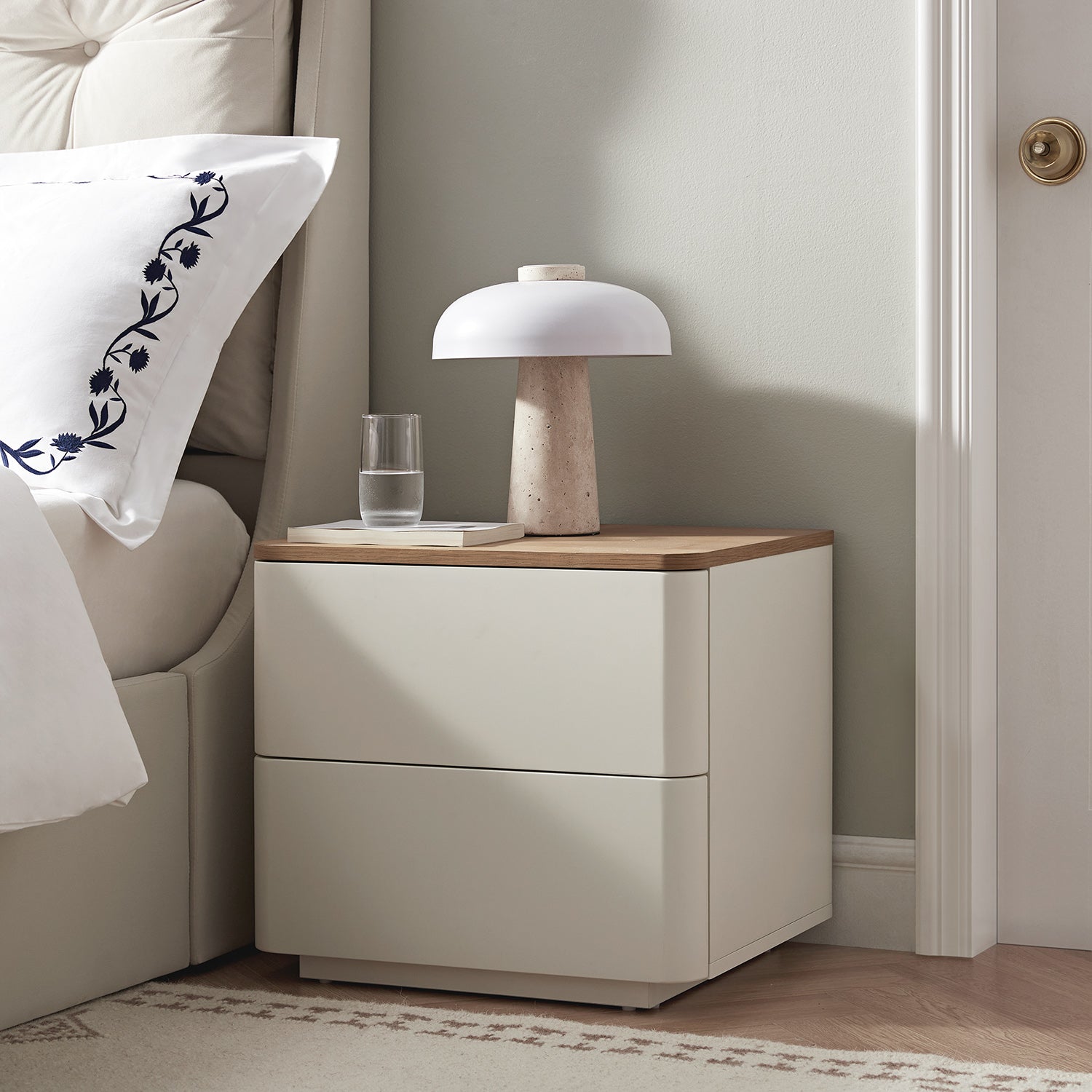 Agnes Curved Edge 2 Drawer Nightstand, Off-White with Oak Top