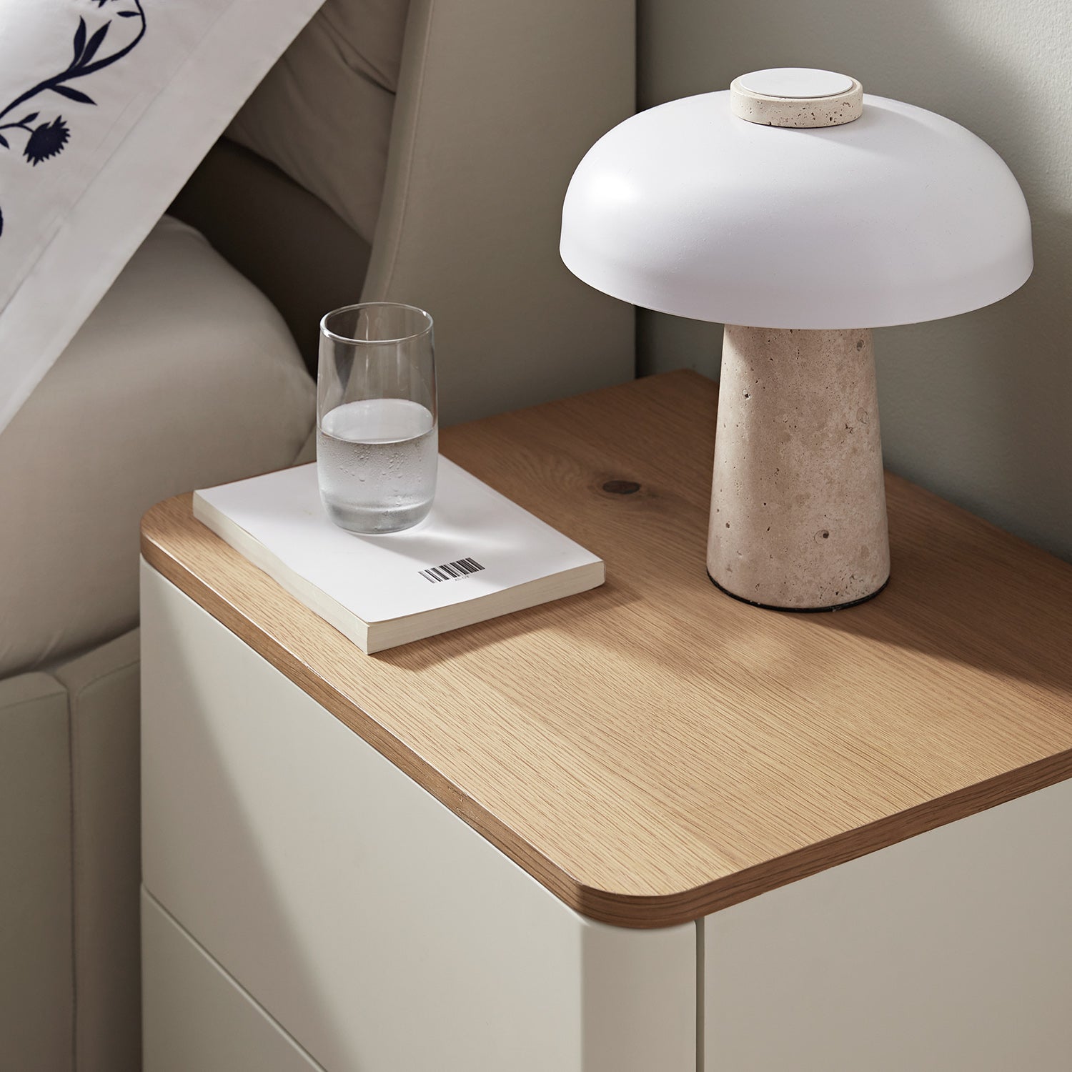 Agnes Curved Edge 2 Drawer Nightstand, Off-White with Oak Top