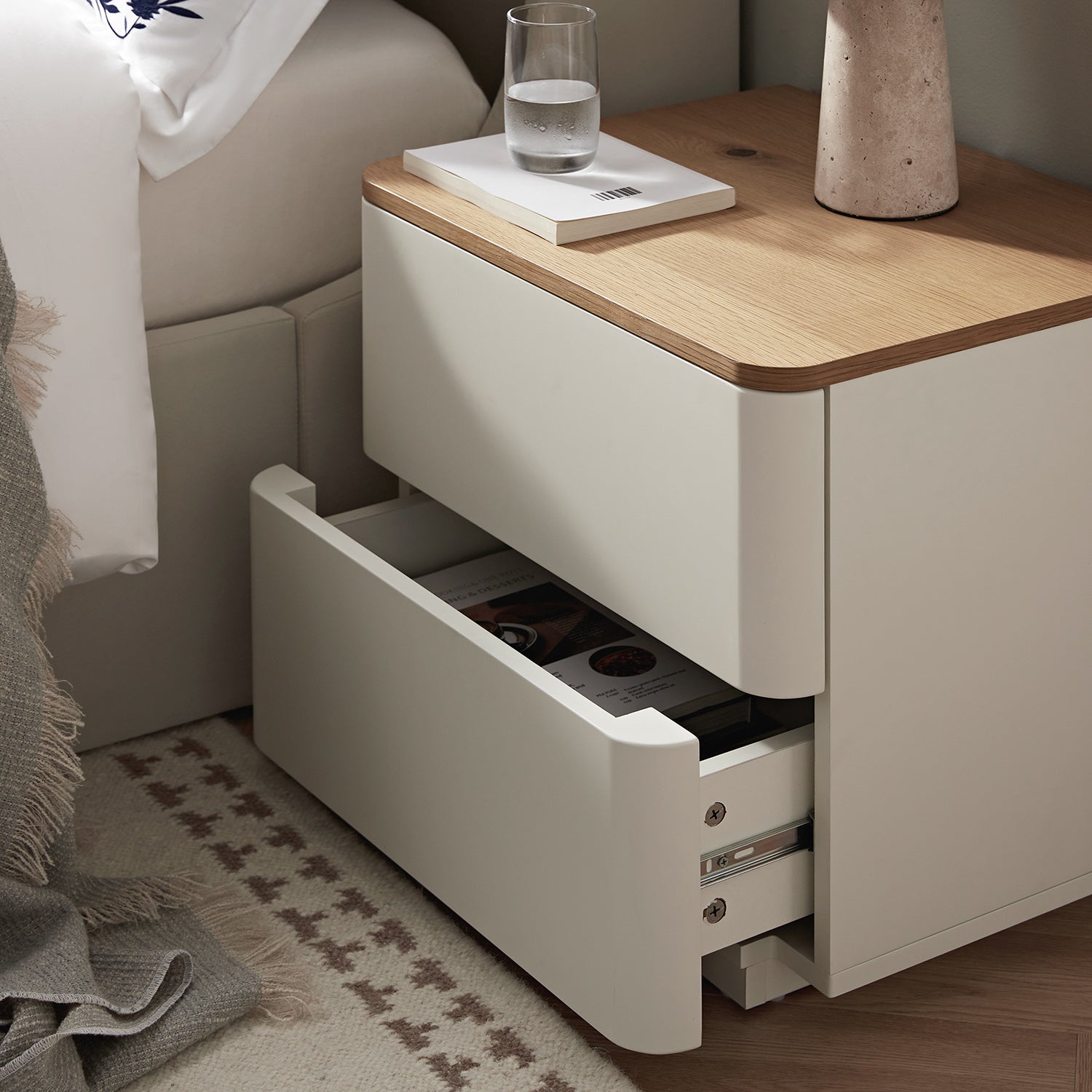 Agnes Curved Edge 2 Drawer Nightstand, Off-White with Oak Top