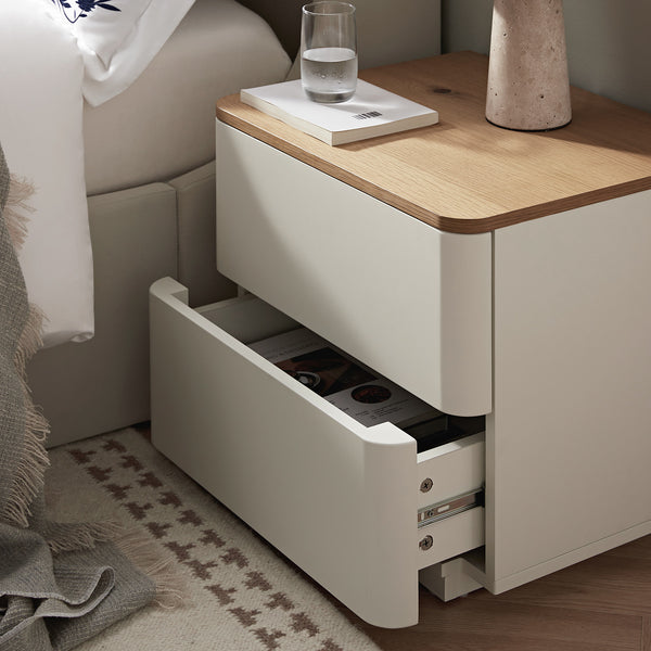 Agnes Curved Edge 2 Drawer Nightstand, Off-White with Oak Top
