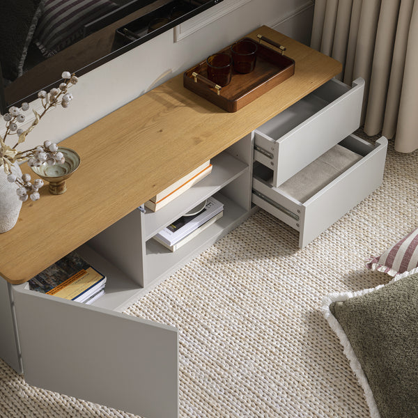 Agnes Curved Edge 59in. Wide TV Unit, Dove Gray with Oak Top