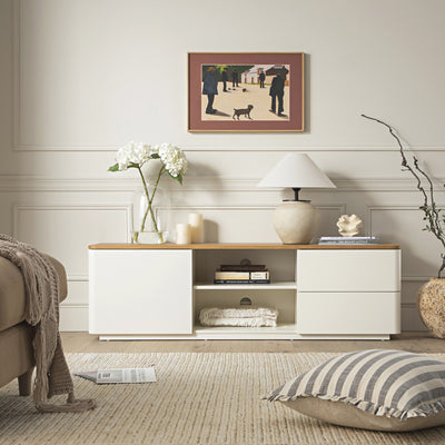 Agnes Curved Edge 59in. Wide TV Unit, Off White with Oak Top
