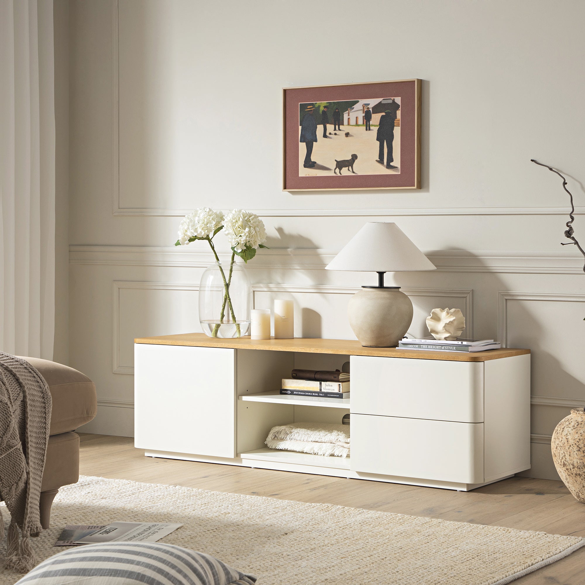Agnes Curved Edge 59in. Wide TV Unit, Off White with Oak Top