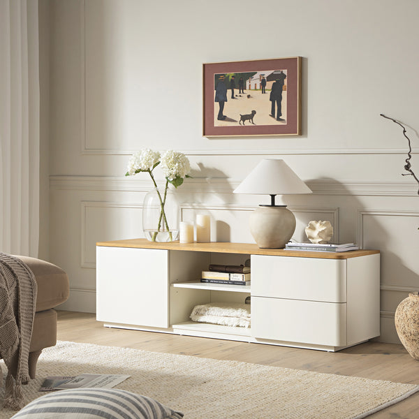Agnes Curved Edge 59in. Wide TV Unit, Off White with Oak Top