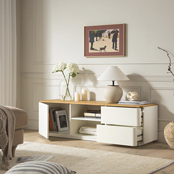 Agnes Curved Edge 59in. Wide TV Unit, Off White with Oak Top