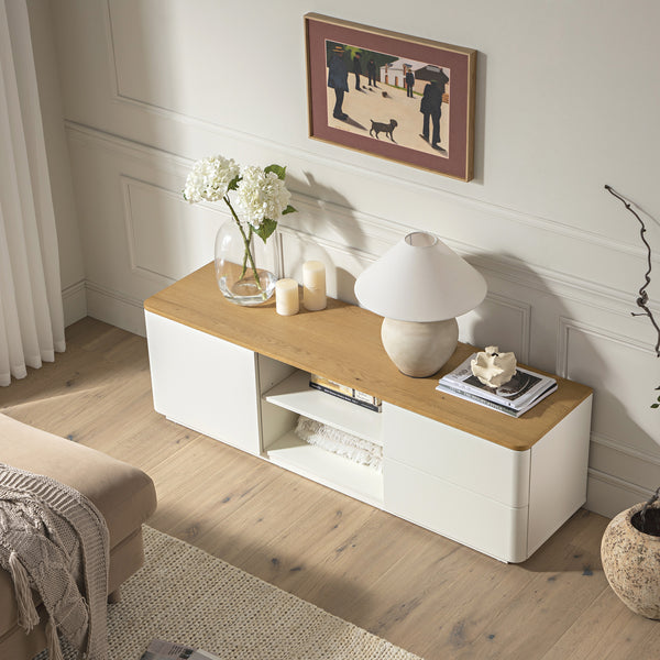 Agnes Curved Edge 59in. Wide TV Unit, Off White with Oak Top