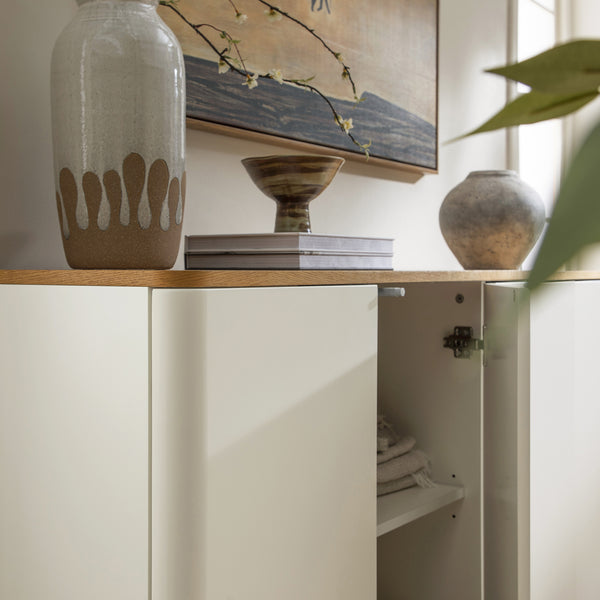 Agnes Curved Edge 59 in. Wide Sideboard, Off-White with Oak Top