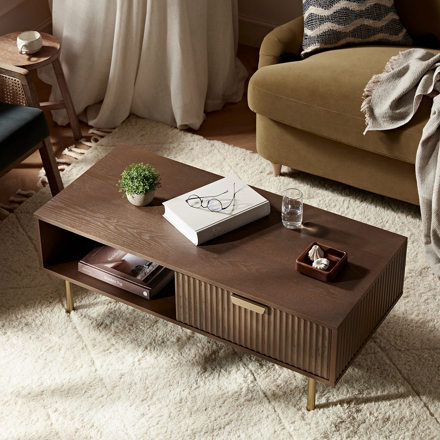 Richmond Ridged Coffee Table with Drawer, Dark Ash