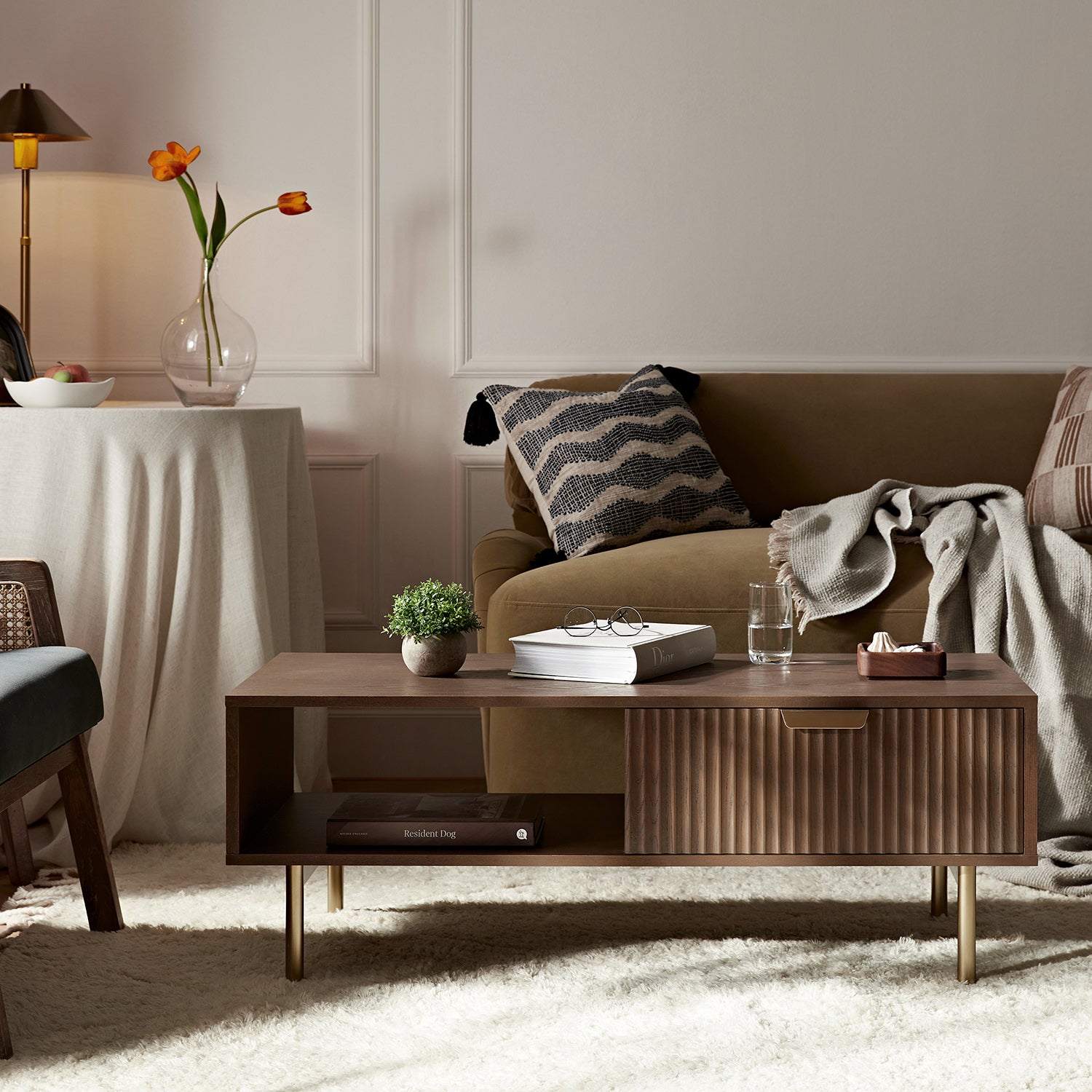 Richmond Ridged Coffee Table with Drawer, Dark Ash