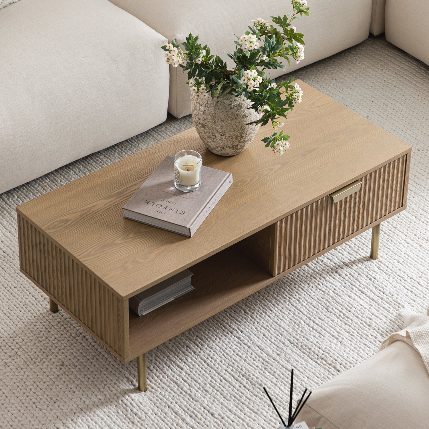 Richmond Ridged Coffee Table with Drawer, Light Ash