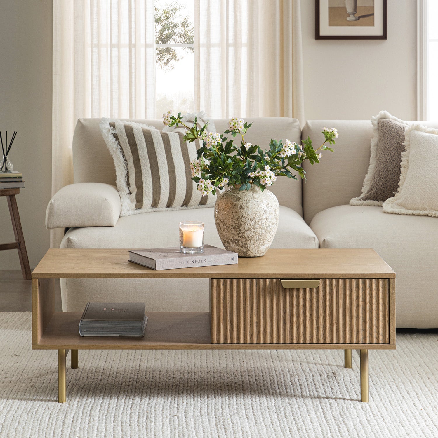 Richmond Ridged Coffee Table with Drawer, Light Ash