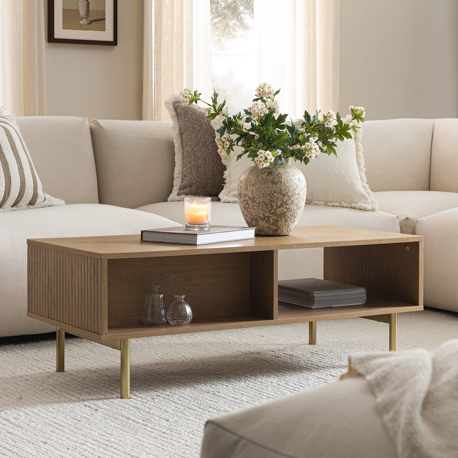 Richmond Ridged Coffee Table with Drawer, Light Ash