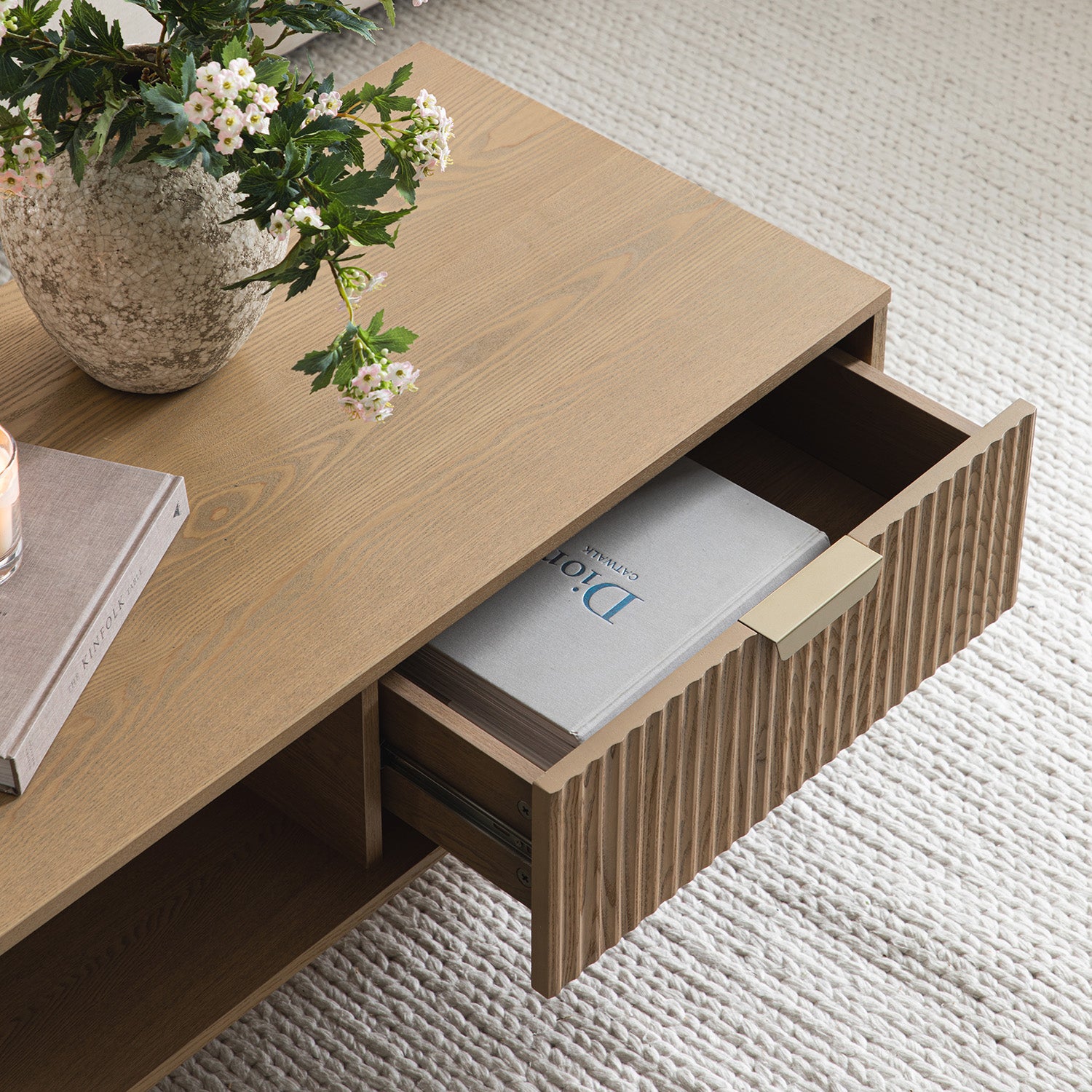 Richmond Ridged Coffee Table with Drawer, Light Ash