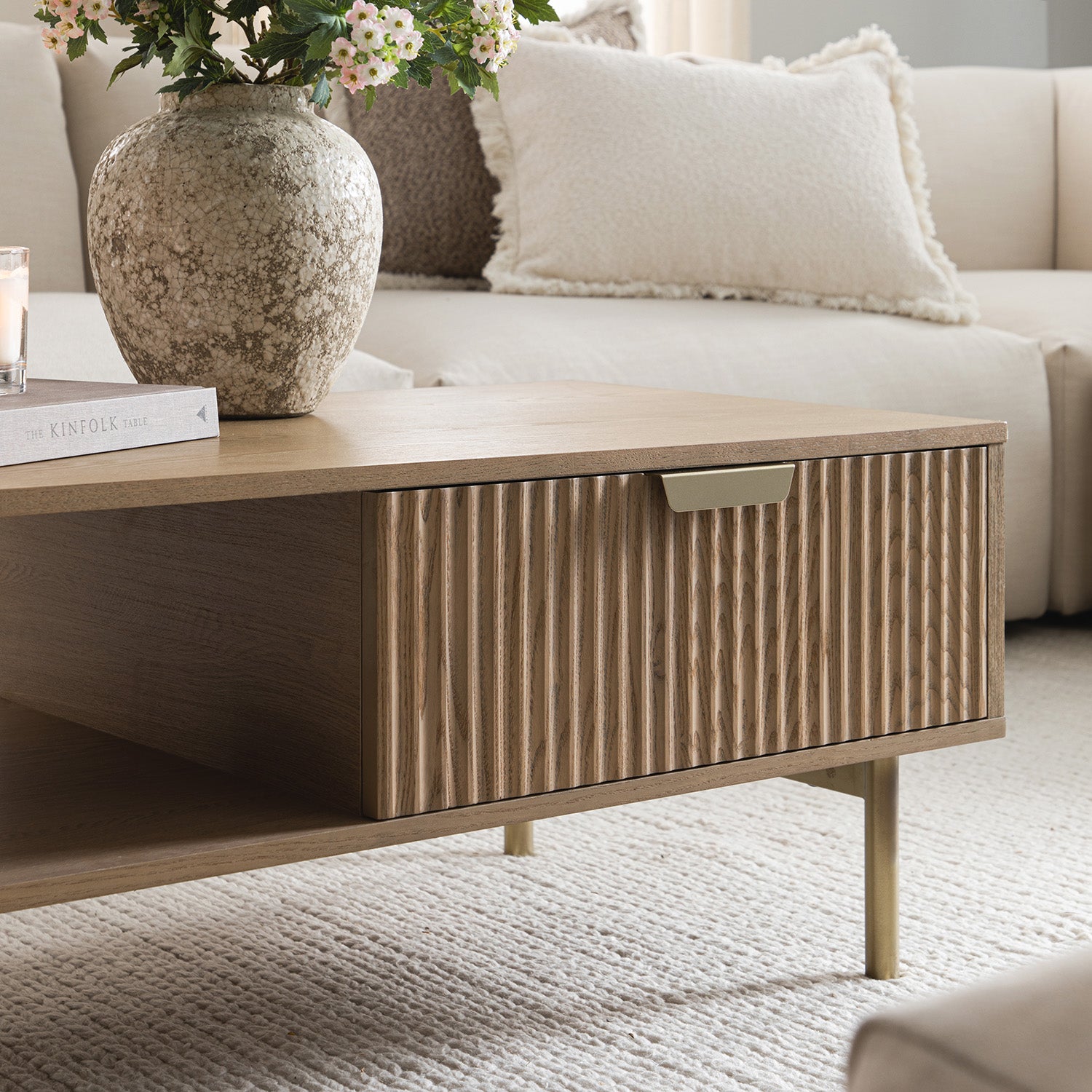 Richmond Ridged Coffee Table with Drawer, Light Ash