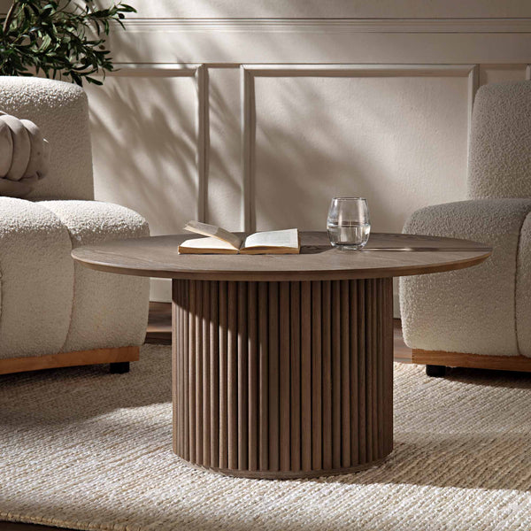 Maru Round Oak Pedestal Coffee Table, Silver Oak | daals.com