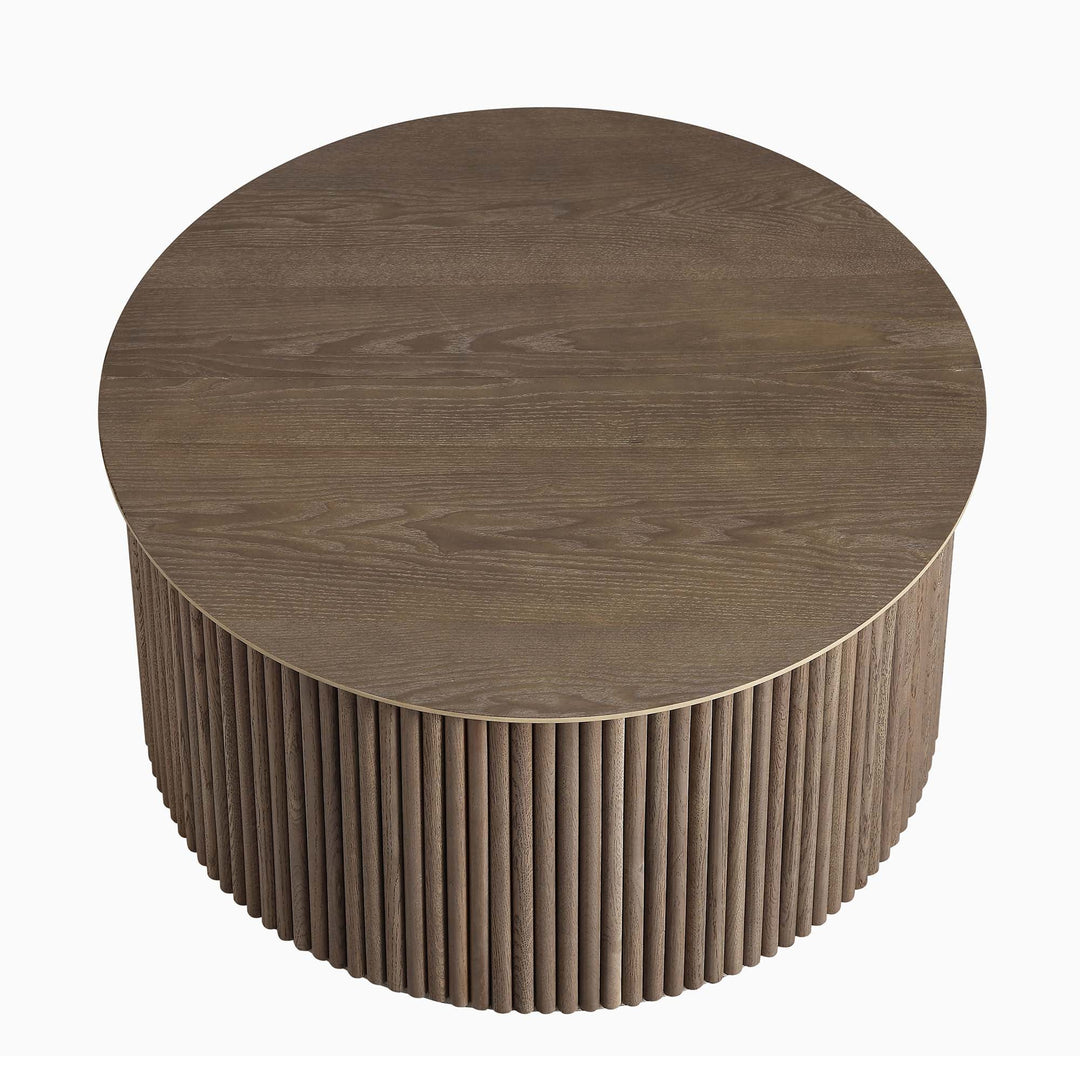Maru Oak Round Coffee Table with Storage, Silver Oak | daals.com