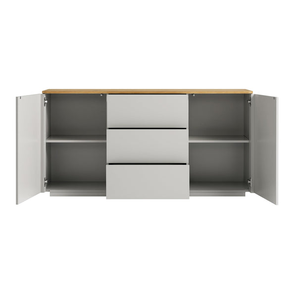 Agnes Curved Edge 2 Door 3 Drawer Wide Sideboard, Dove Gray with Oak Top