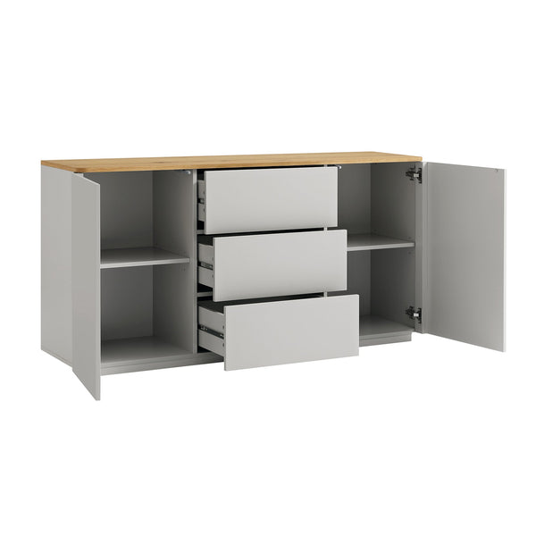 Agnes Curved Edge 2 Door 3 Drawer Wide Sideboard, Dove Gray with Oak Top