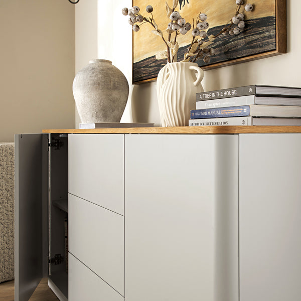 Agnes Curved Edge 2 Door 3 Drawer Wide Sideboard, Dove Gray with Oak Top