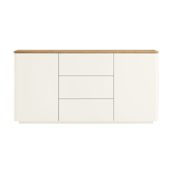 Agnes Curved Edge 2 Door 3 Drawer Wide Sideboard, Off White with Oak Top