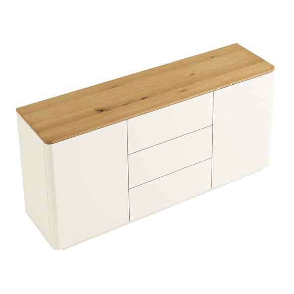 Agnes Curved Edge 2 Door 3 Drawer Wide Sideboard, Off White with Oak Top
