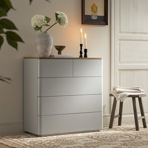 Agnes Curved Edge 5 Drawer Dresser, Dove Gray with Oak Top