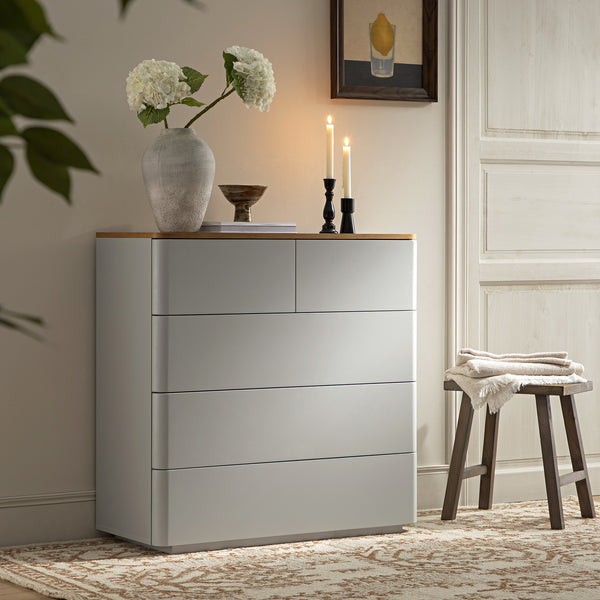 Agnes Curved Edge 5 Drawer Dresser, Dove Gray with Oak Top