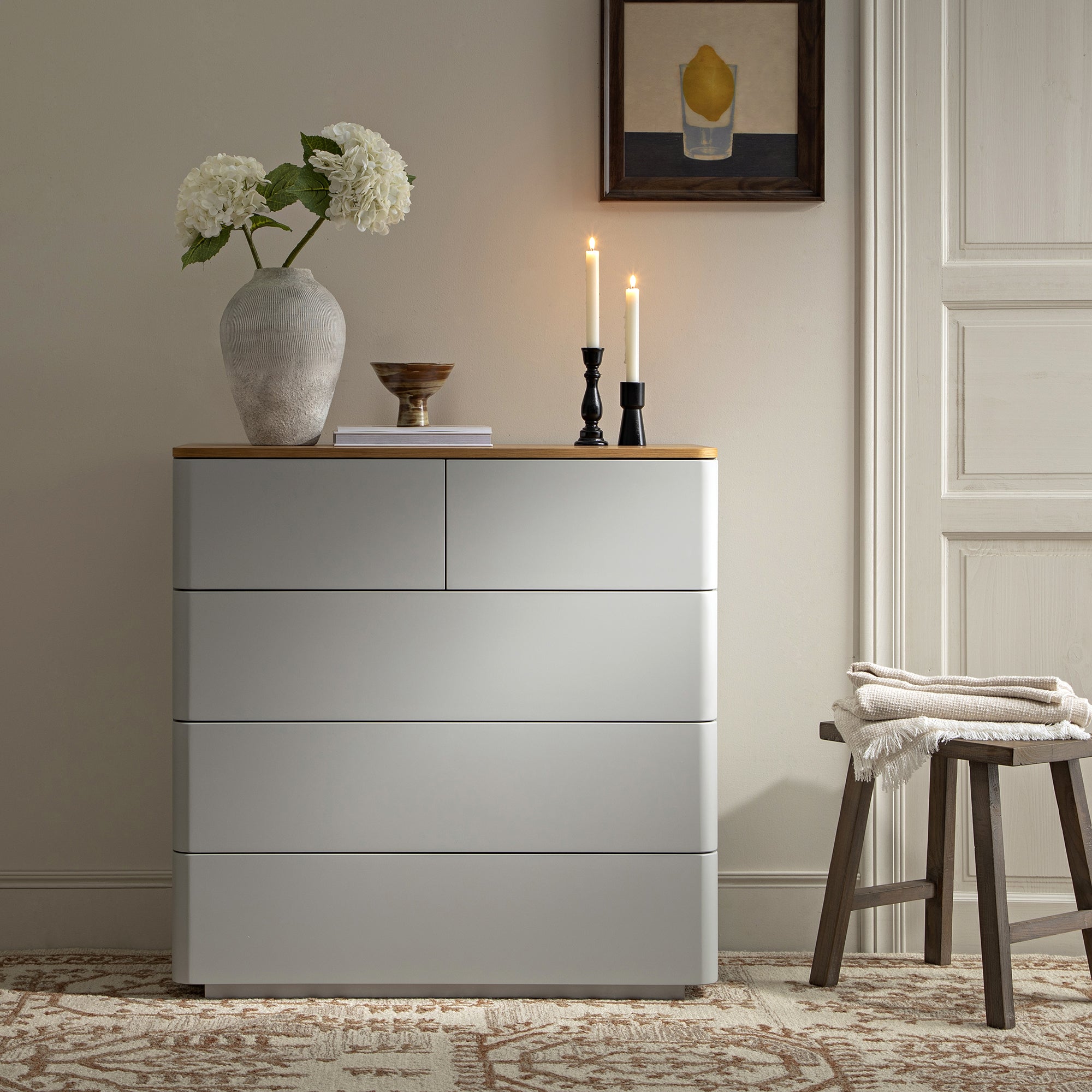 Agnes Curved Edge 5 Drawer Dresser, Dove Gray with Oak Top - daals - Chest of Drawers Agnes Curved Edge 5 Drawer Dresser, Dove Gray with Oak Top - daals - Chest of Drawers
