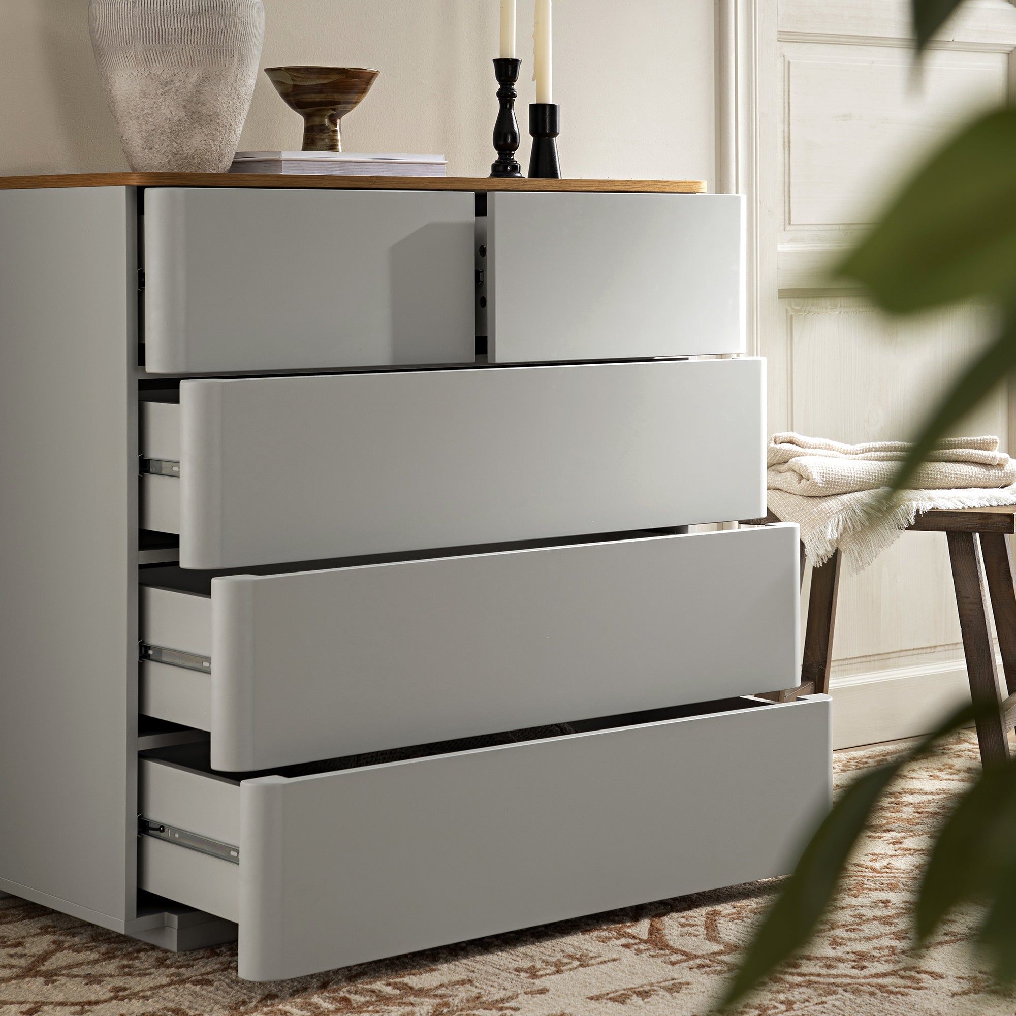 Agnes Curved Edge 5 Drawer Dresser, Dove Gray with Oak Top - daals Agnes Curved Edge 5 Drawer Dresser, Dove Gray with Oak Top - daals