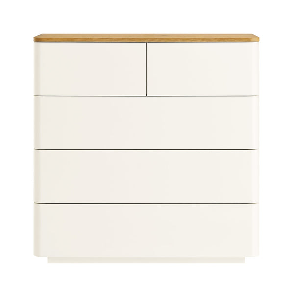 Agnes Curved Edge 5 Drawer Dresser, Off White with Oak Top