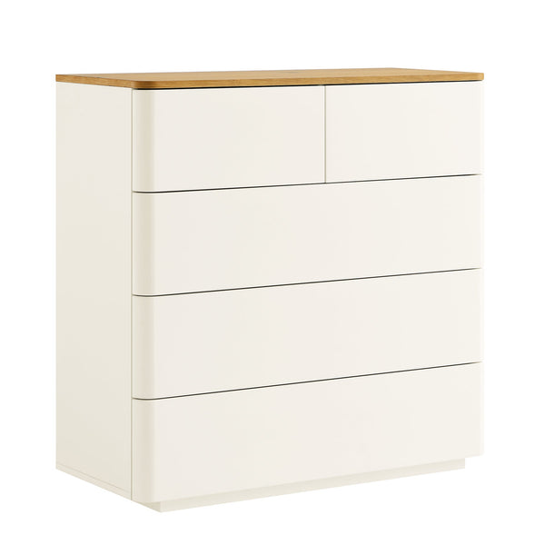 Agnes Curved Edge 5 Drawer Dresser, Off White with Oak Top