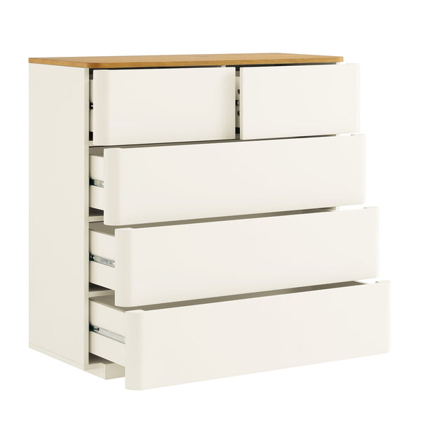Agnes Curved Edge 5 Drawer Dresser, Off White with Oak Top