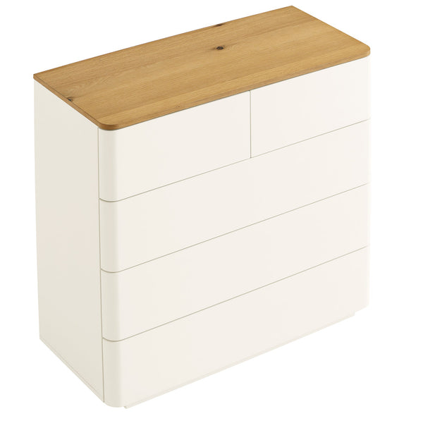 Agnes Curved Edge 5 Drawer Dresser, Off White with Oak Top