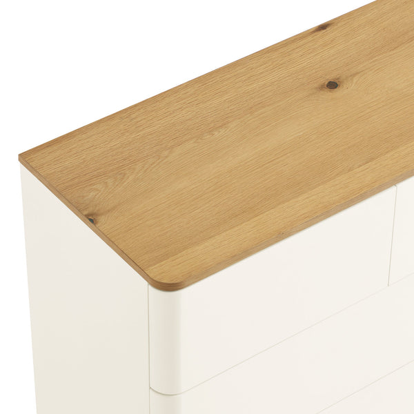 Agnes Curved Edge 5 Drawer Dresser, Off White with Oak Top