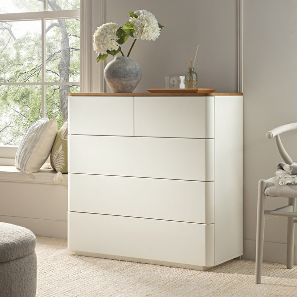 Agnes Curved Edge 5 Drawer Dresser, Off White with Oak Top | daals.com Agnes Curved Edge 5 Drawer Dresser, Off White with Oak Top | daals.com