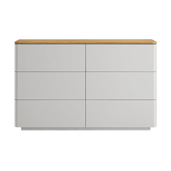 Agnes Curved Edge 6 Drawer Dresser, Dove Gray with Oak Top