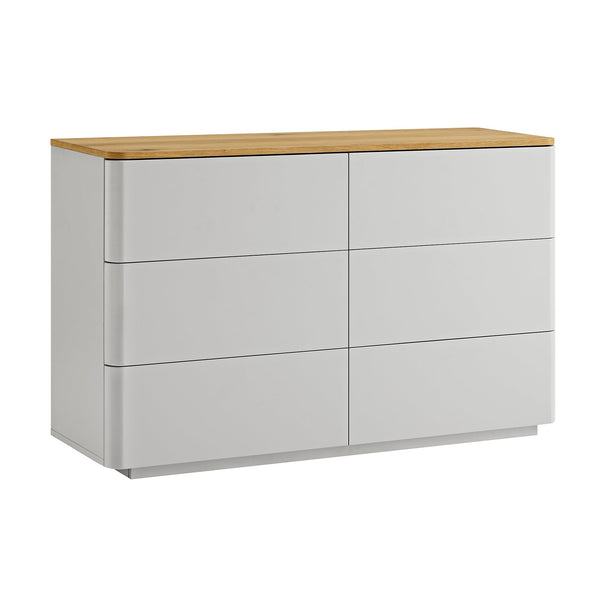 Agnes Curved Edge 6 Drawer Dresser, Dove Gray with Oak Top