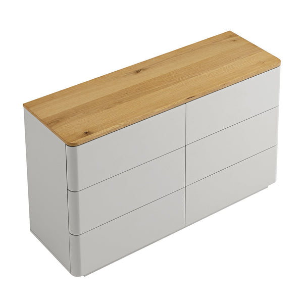 Agnes Curved Edge 6 Drawer Dresser, Dove Gray with Oak Top