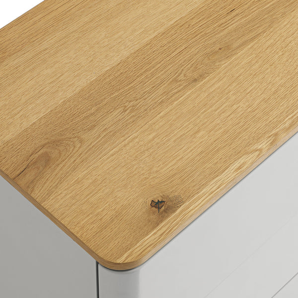 Agnes Curved Edge 6 Drawer Dresser, Dove Gray with Oak Top