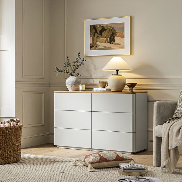 cream dresser for bedroom Agnes Curved Edge 6 Drawer Dresser, Dove Gray with Oak Top
